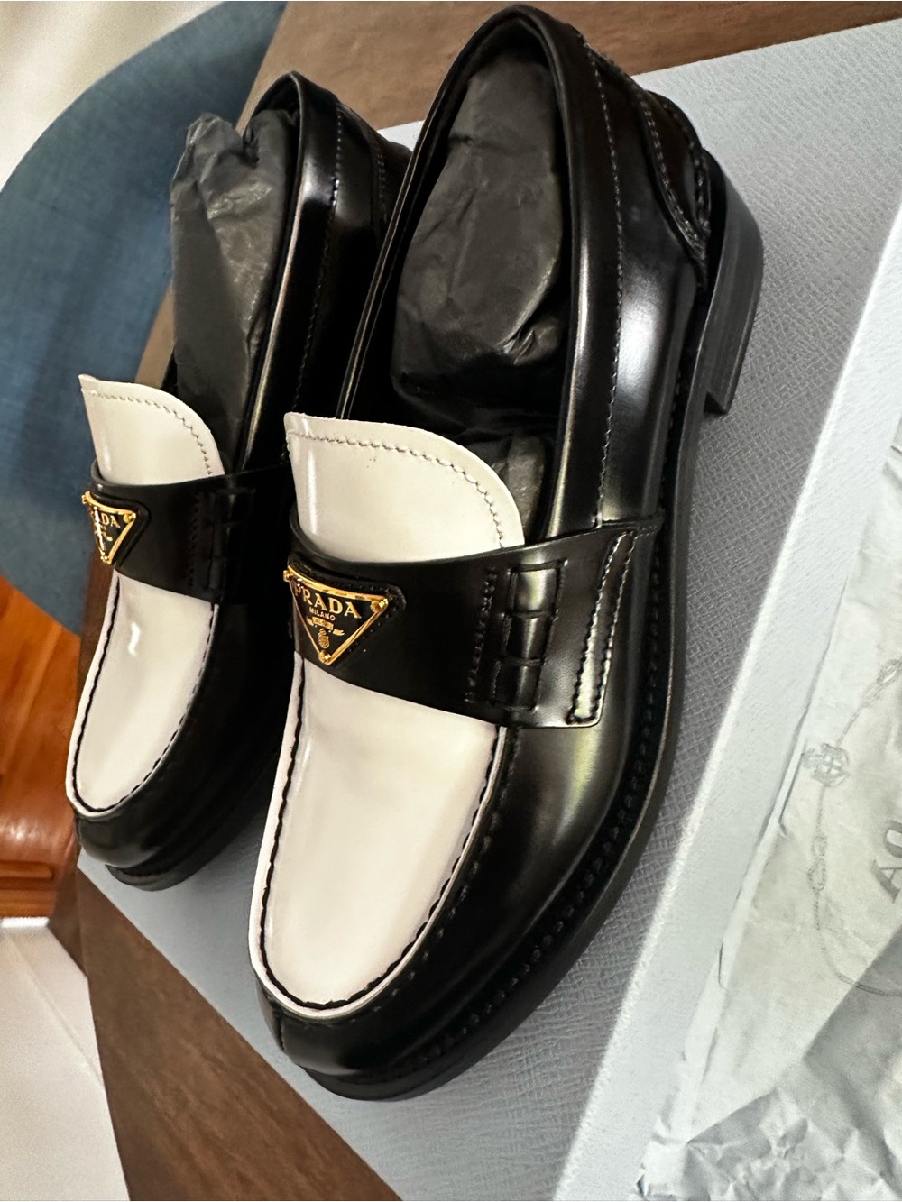 Prada Black and White Leather Penny Loafers with Gold Logo - Picture 10 of 14